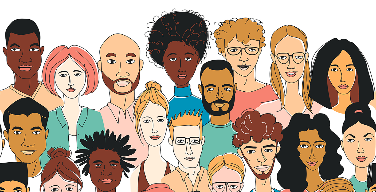 Illustration of students of different ethnic and racial groups, from head to shoulder in a group.